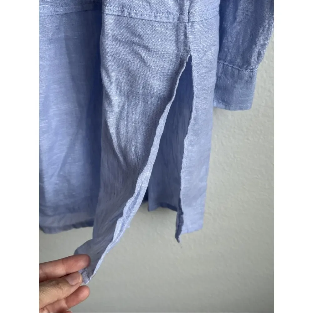 Tahari 100% Linen Tunic Women’s Sm Blue Chambray Roll-Tab Sleeve Button Up Top - Picture 5 of 7